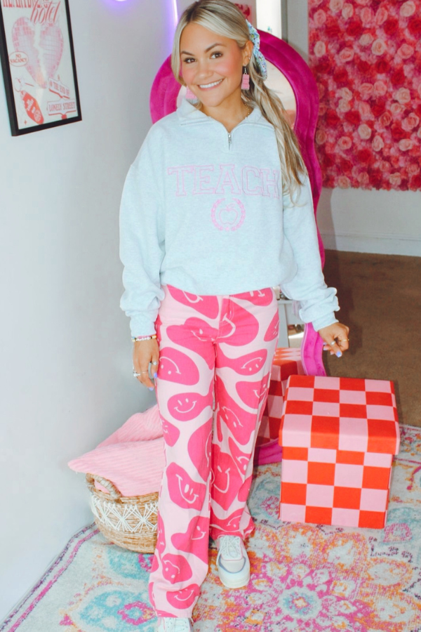 Embroidered Pink Varsity Teach Quarter Zip