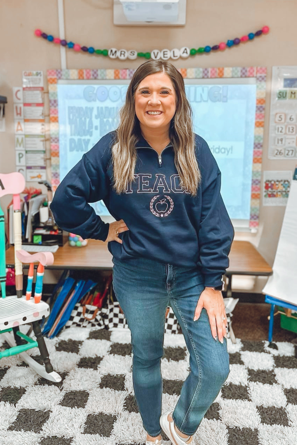 Embroidered Pink Varsity Teach Quarter Zip