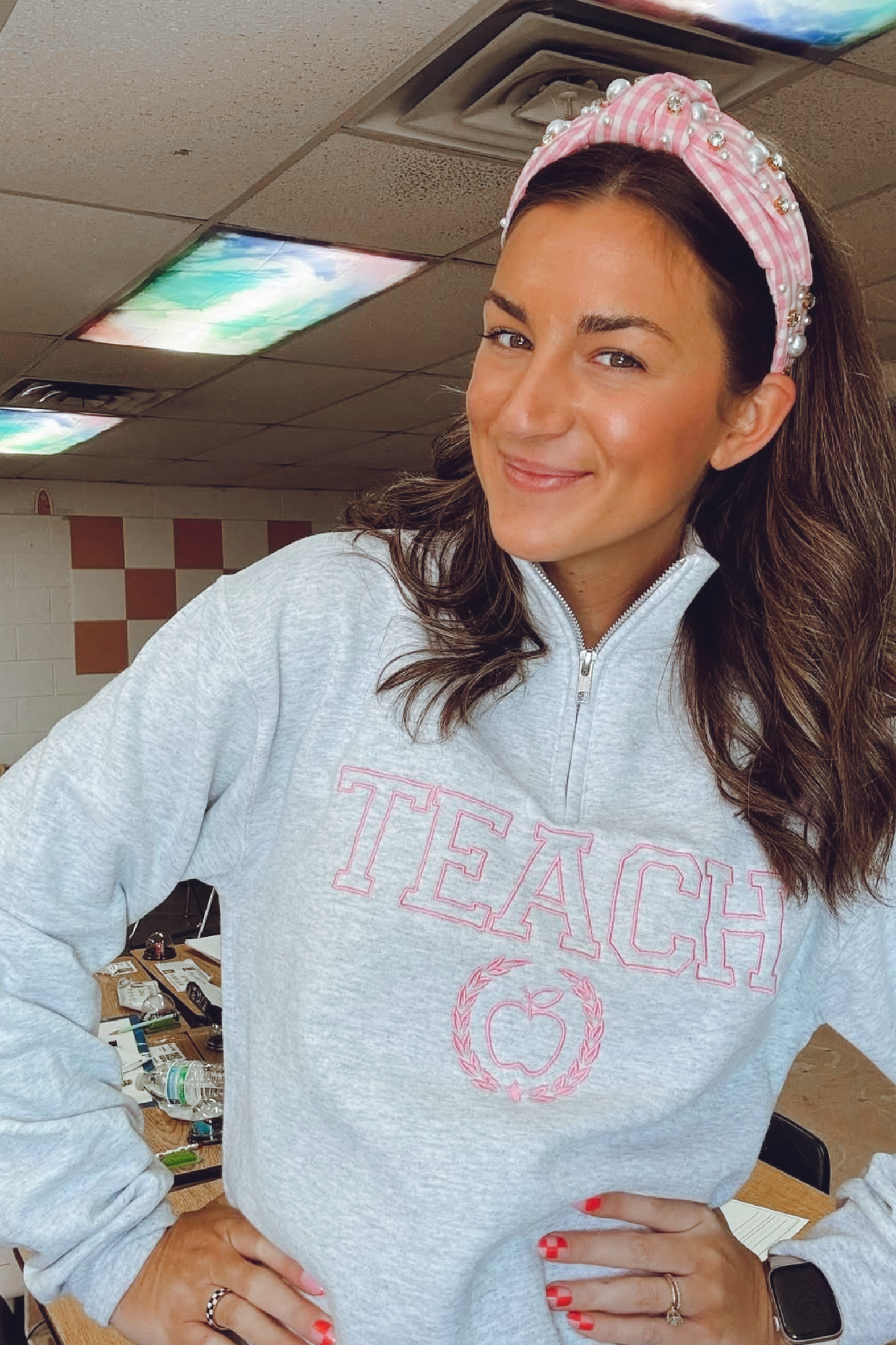 Embroidered Pink Varsity Teach Quarter Zip