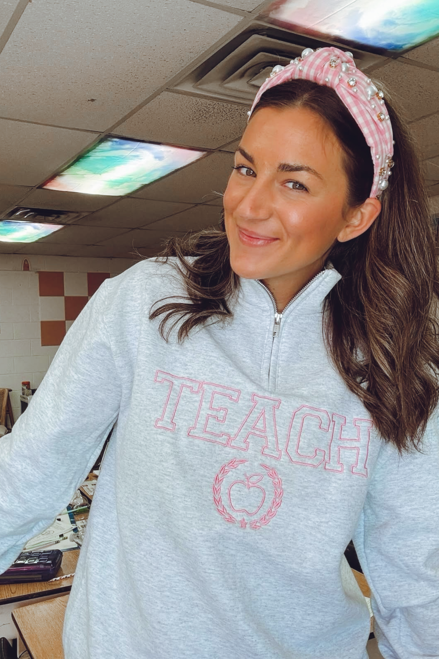 Embroidered Pink Varsity Teach Quarter Zip