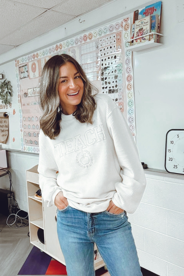Embroidered Varsity Teacher Corded Sweatshirt