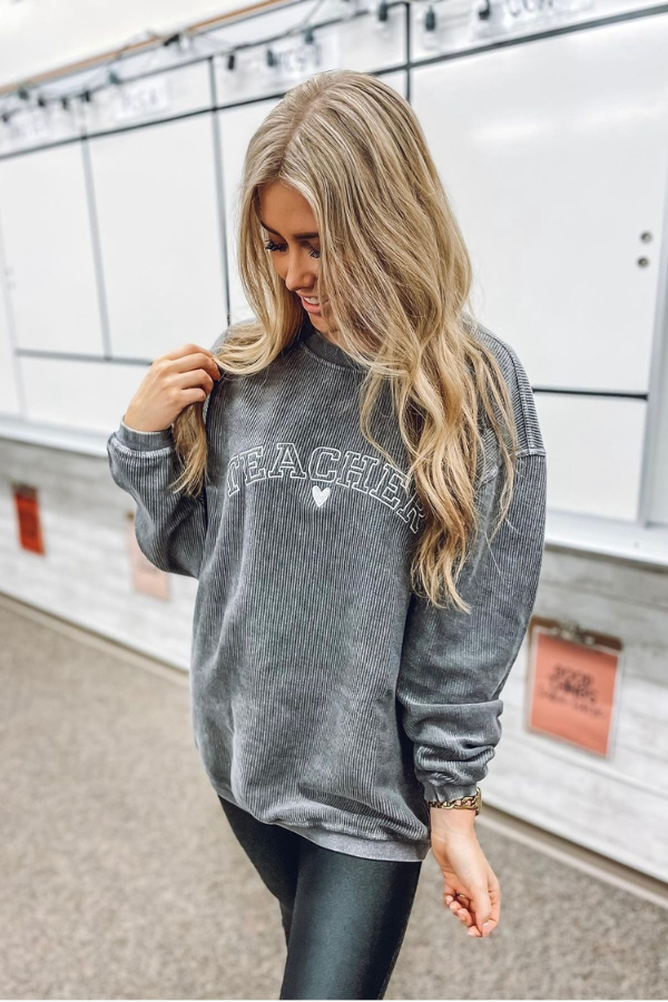 TEACHER EMBROIDERED CORDED SWEATSHIRT