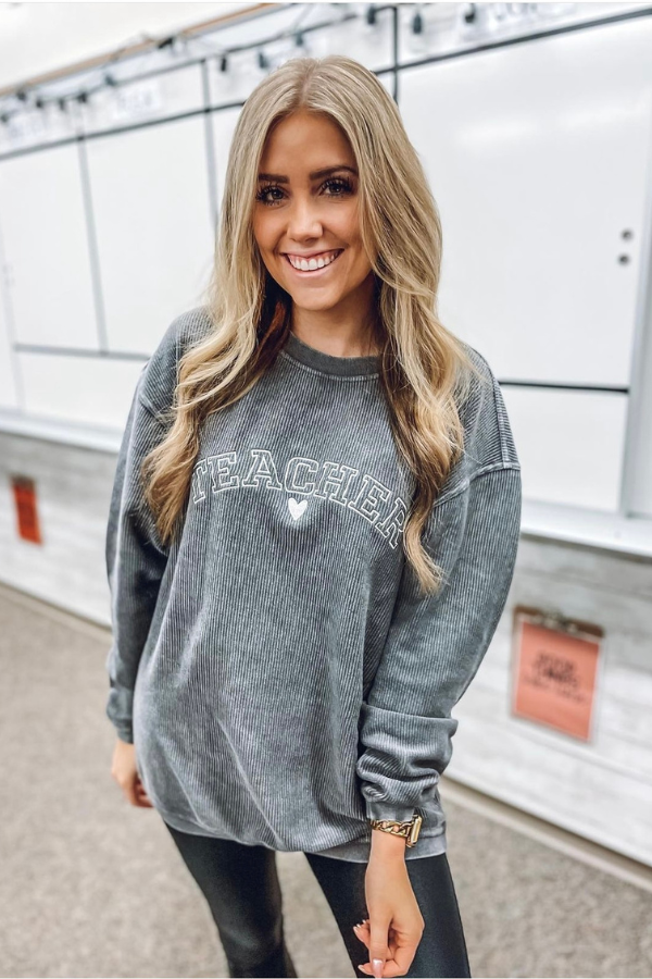TEACHER EMBROIDERED CORDED SWEATSHIRT