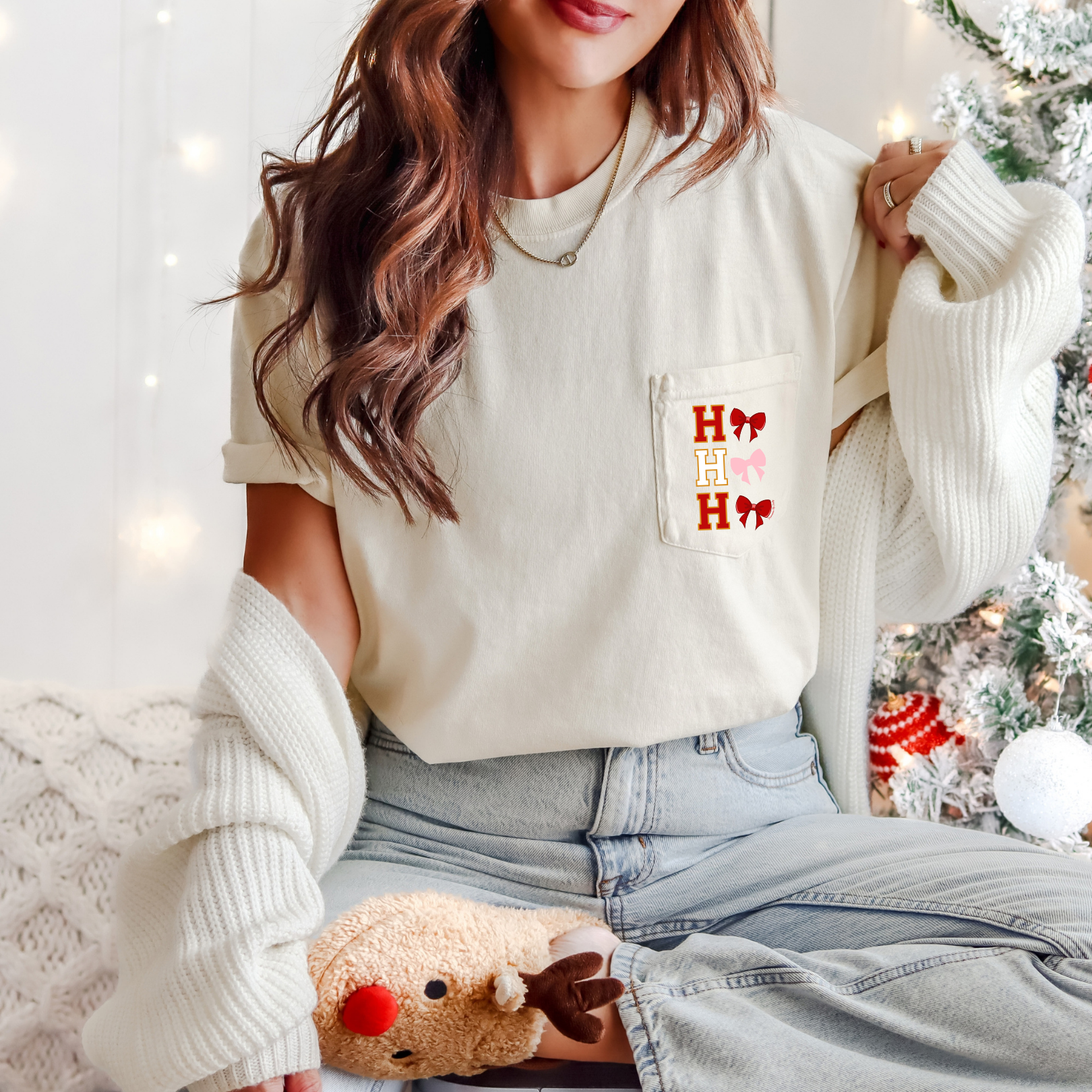 Embroidered HO, HO, HO Bow Pocket Tee