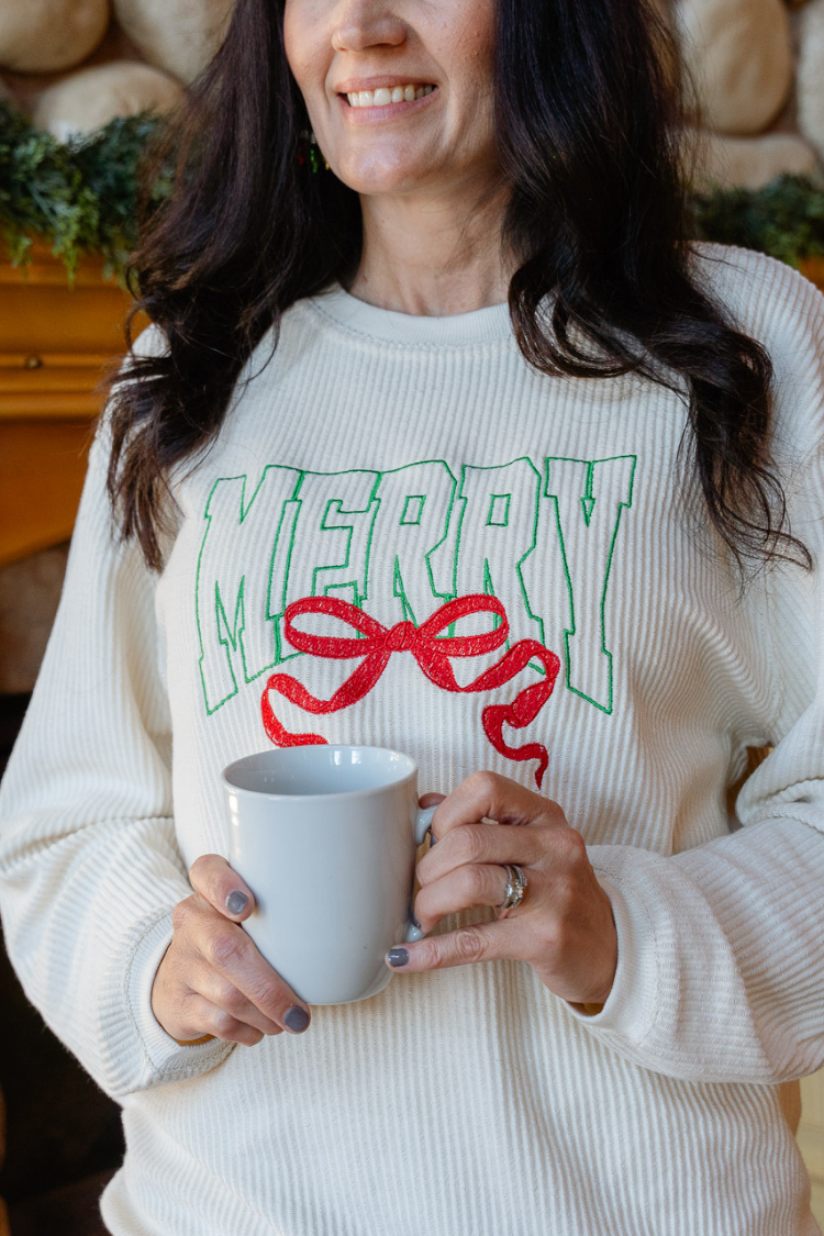 Corded Embroidered Merry Sweatshirt