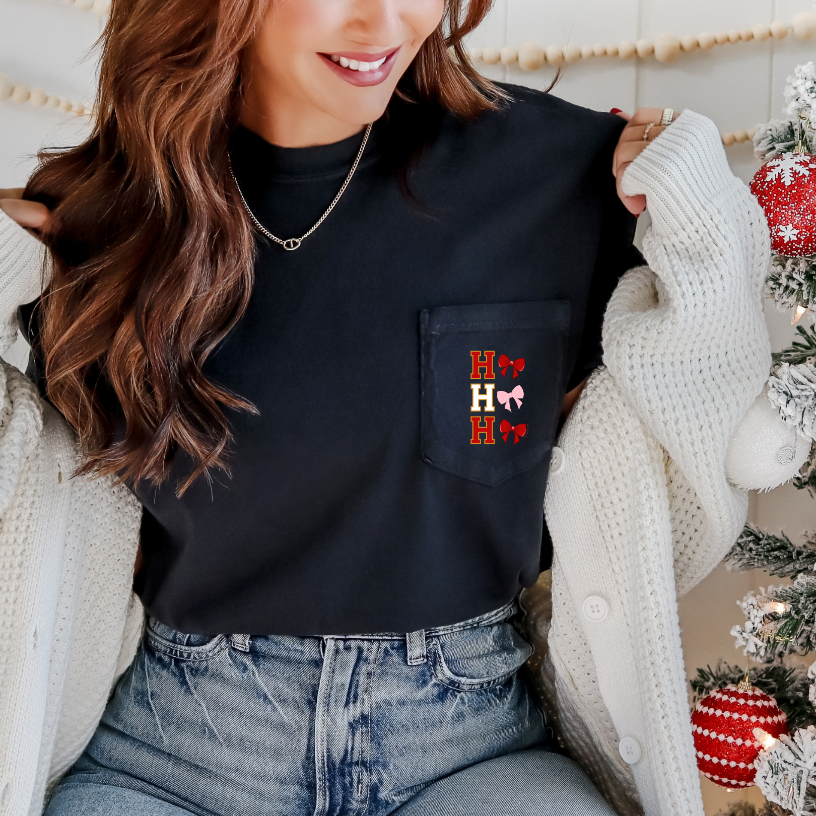 Embroidered HO, HO, HO Bow Pocket Tee