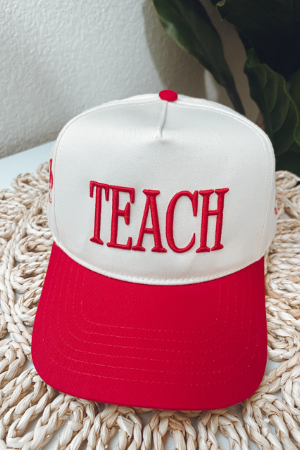 Teach Puff Embroidered Red Hat